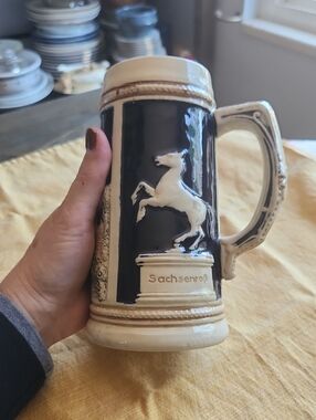 Sachsenroß Ceramic Beer Stein - Cream & Black Made In West Germany Vintage